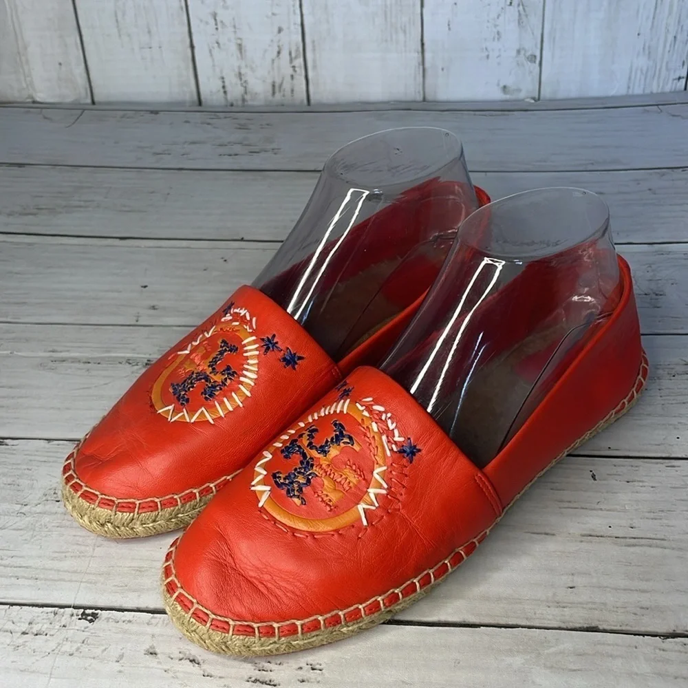 Tory Burch Coral Leather Embroidered Daley Espadrille Flats